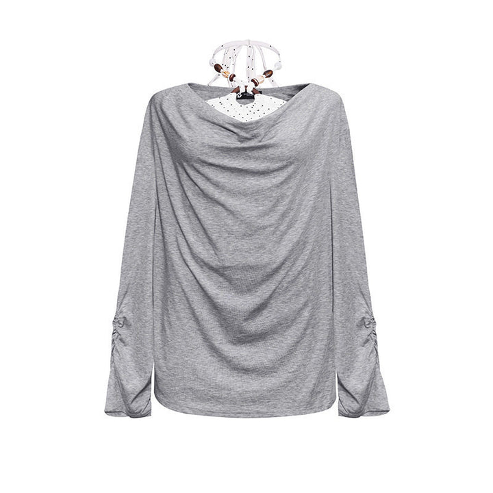 Women Long Draped Long Sleeve Shirt with Waterfall Collar and Gathered Sleeves Mune Fashion