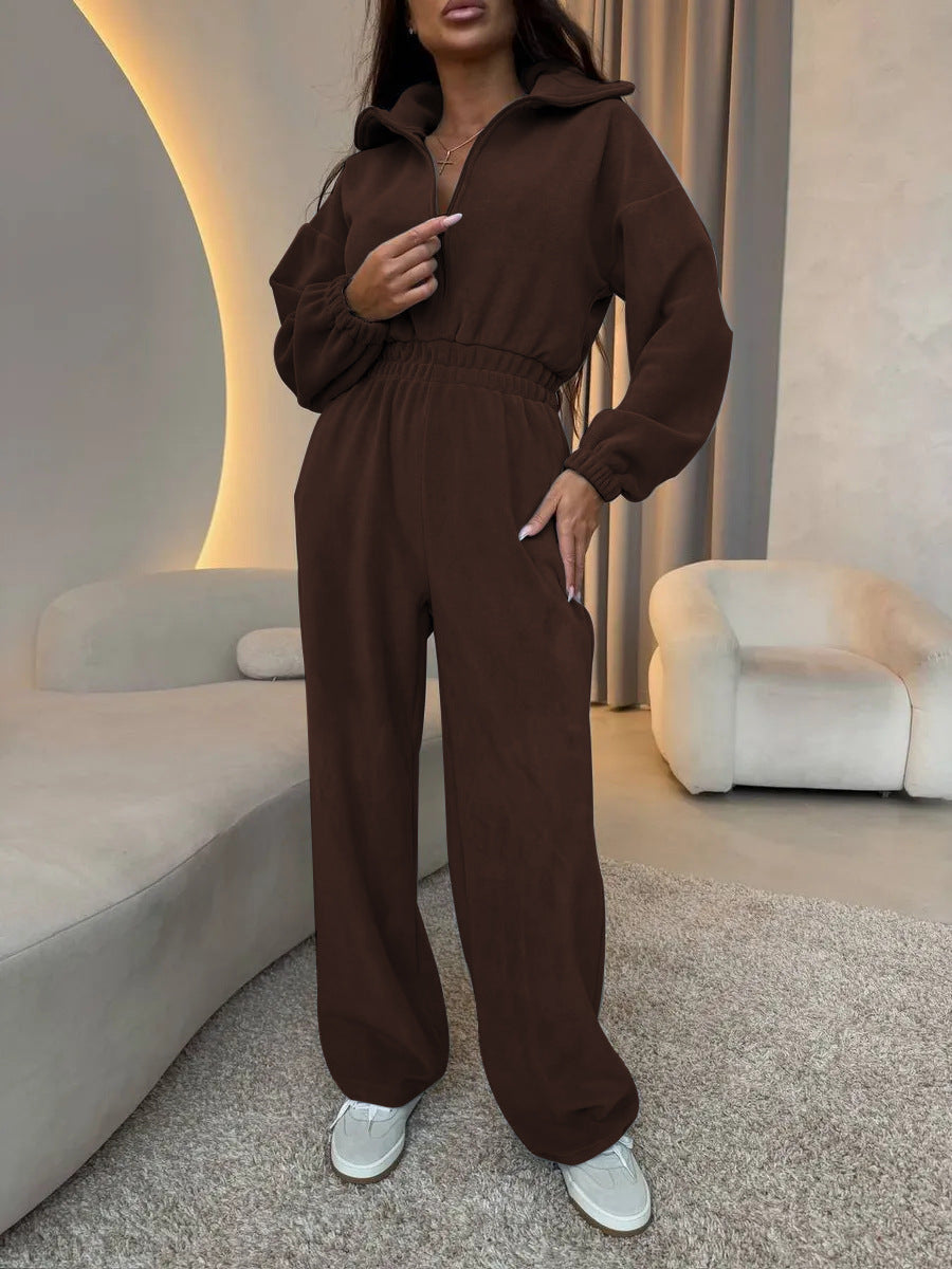 Women's elegant lounge overall with elastic waistband, stand collar, zipper and wide leg.