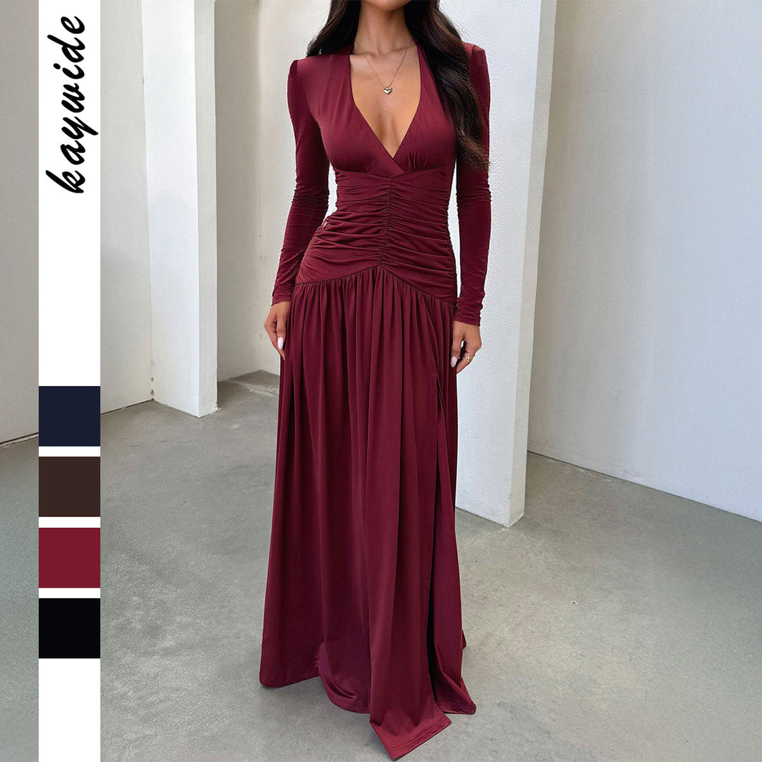 Ladies elegant evening dress with gathered wrap top, high slit and velvet sleeves Mune Fashion
