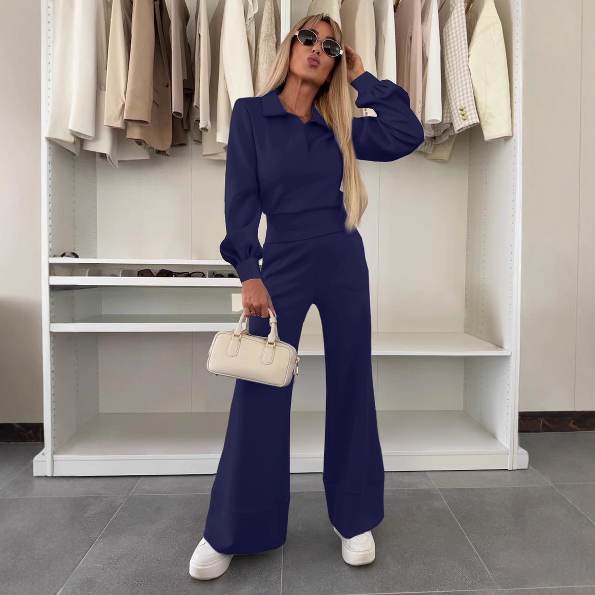 Women's Two Piece Lounge Set with Polo Collar and High Waist Palazzo Pants Mune Fashion