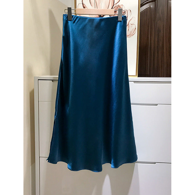 Ladies Elegant Satin Skirt with Asymmetric Slit Mune Fashion