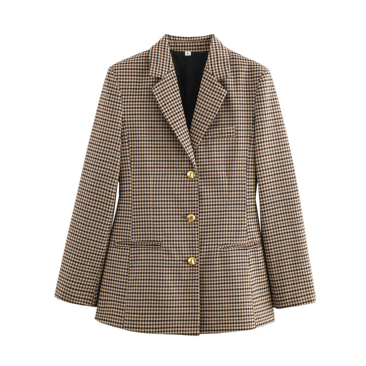 Women's narrow-cut long blazer in houndstooth pattern with gold decorative buttons and welt pockets Mune Fashion