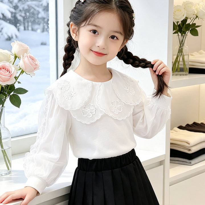 Girls elegant blouse with decorated back opening and tulle sleeves Mune Fashion