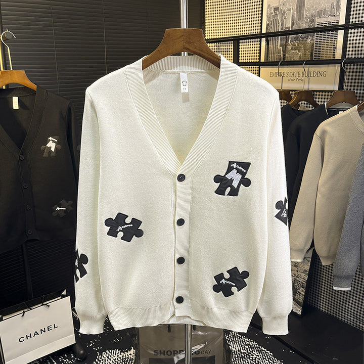 Men's knit cardigan with V-neck and decorative puzzle applications Mune Fashion