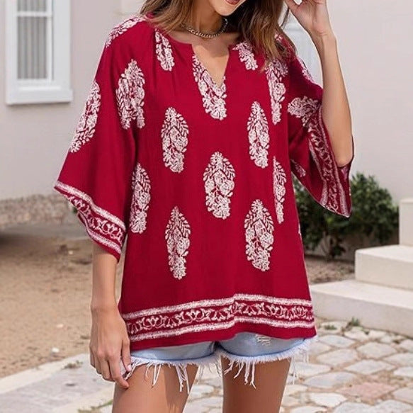 Women's Loose Beach Tunic Top with V-Neck and Boho Print Mune Fashion