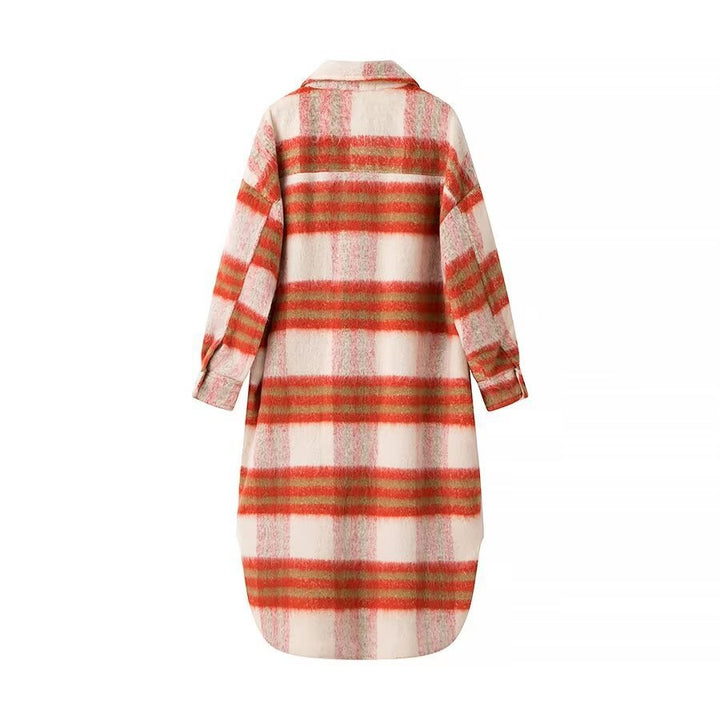 Women Longer Checked Teddy Coat in Shirt Jacket Look with Shirt Collar and Patch Pockets Mune Fashion