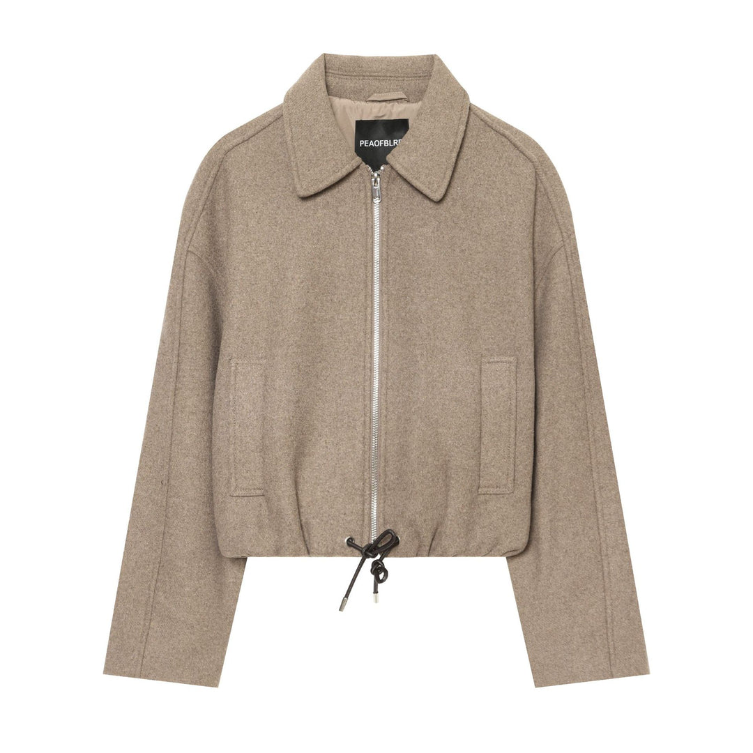Women's short wool jacket with full zip, lapel collar, and drawstring hem Mune Fashion