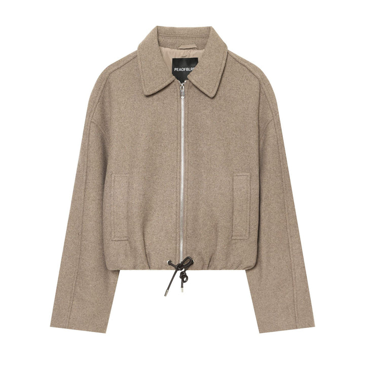 Women's short wool jacket with full zip, lapel collar, and drawstring hem Mune Fashion