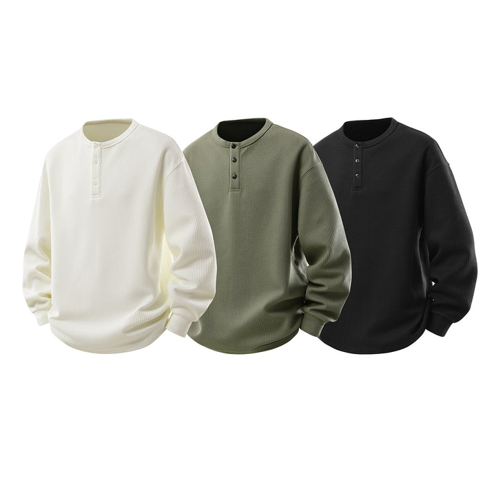 Men's waffle structure Henley thermal shirt with button placket and relaxed fit Drune
