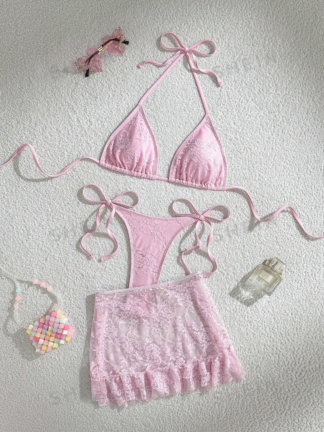 Ladies Lace Bikini with Floral Design and Flowing Skirt Mune Fashion