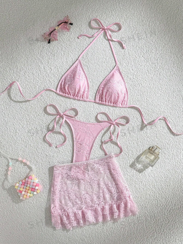 Ladies Lace Bikini with Floral Design and Flowing Skirt Mune Fashion