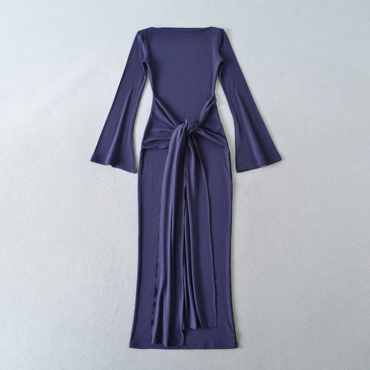 Ladies maxi dress made of ribbed knit with trumpet sleeves and waist knot detail Mune Fashion