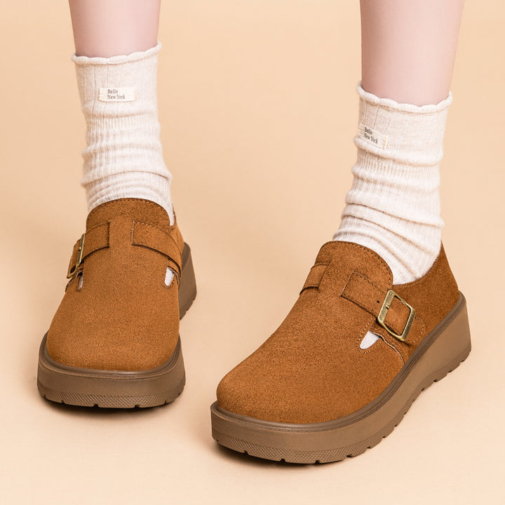 Women nan platform Mary Jane slipper with suede surface and adjustable metal buckle Mune Fashion