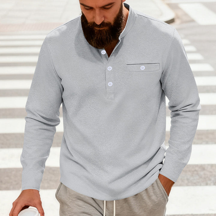 Men's Casual Henley Long Sleeve Shirt with Stand-Up Collar, Chest Pocket, and Curved Hem Mune Fashion