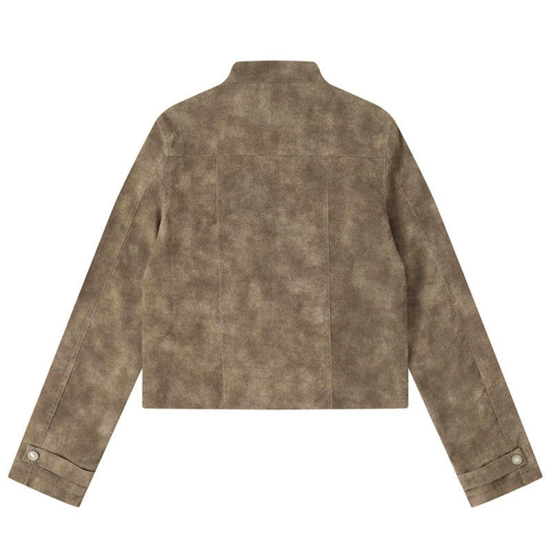 Women's short cut biker jacket in suede look with stand-up collar and chest zipper Mune Fashion