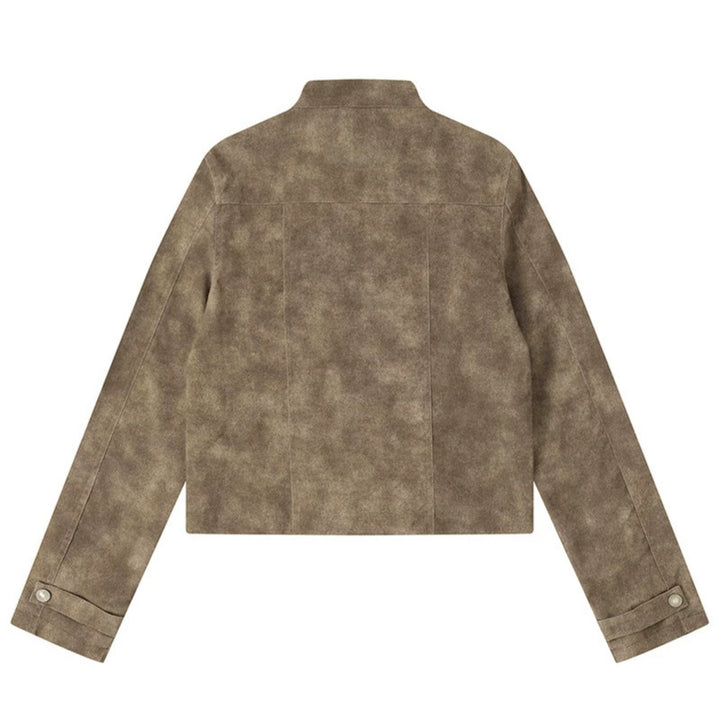 Women's short cut biker jacket in suede look with stand-up collar and chest zipper Mune Fashion