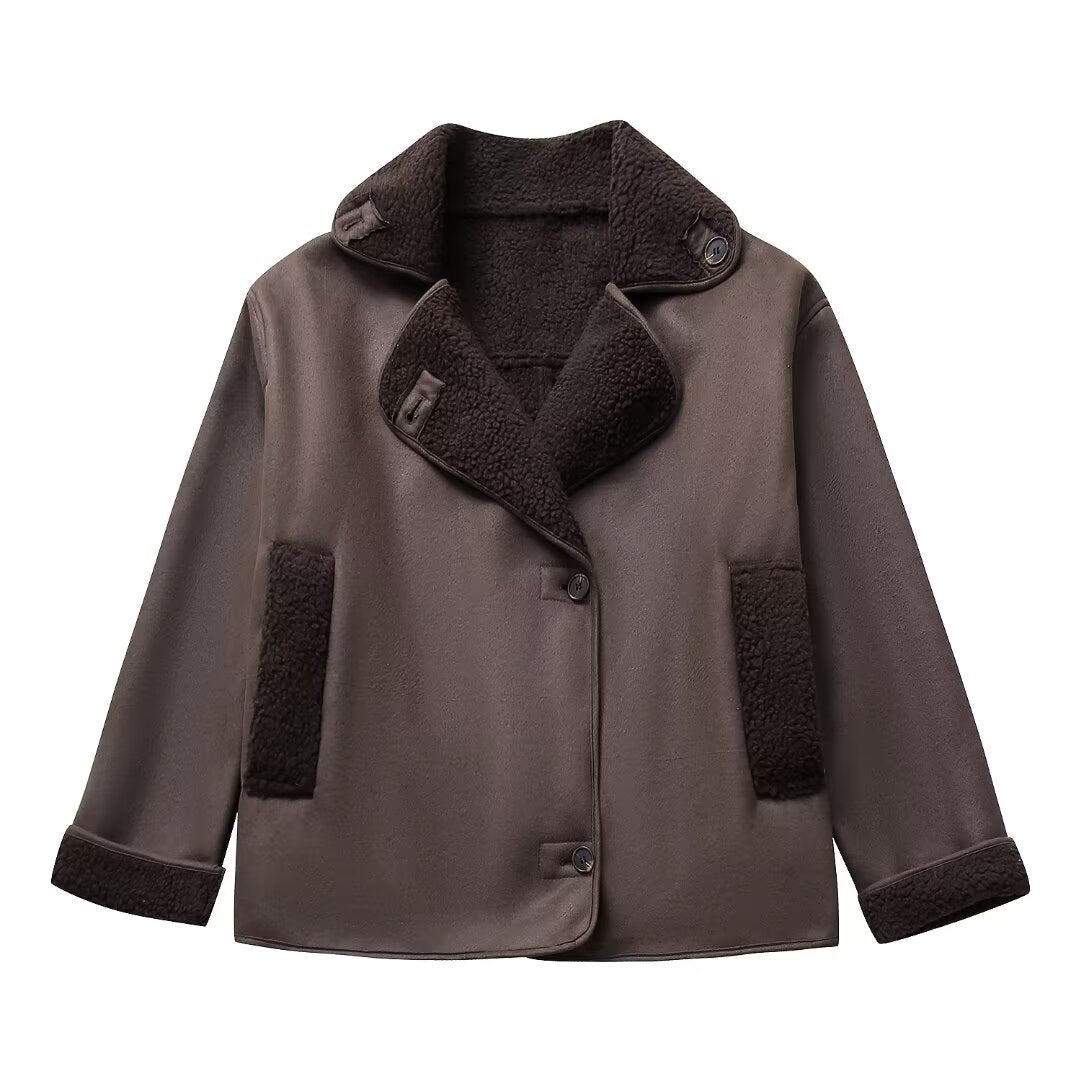 Ladies nan short winter jacket with soft teddy lining, wrap collar and button placket Mune Fashion