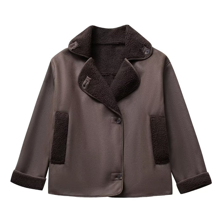 Ladies nan short winter jacket with soft teddy lining, wrap collar and button placket Mune Fashion
