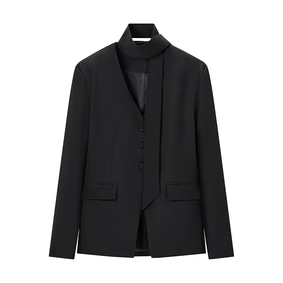 Women's tailored blazer with shawl collar bow and V-neck Mune Fashion