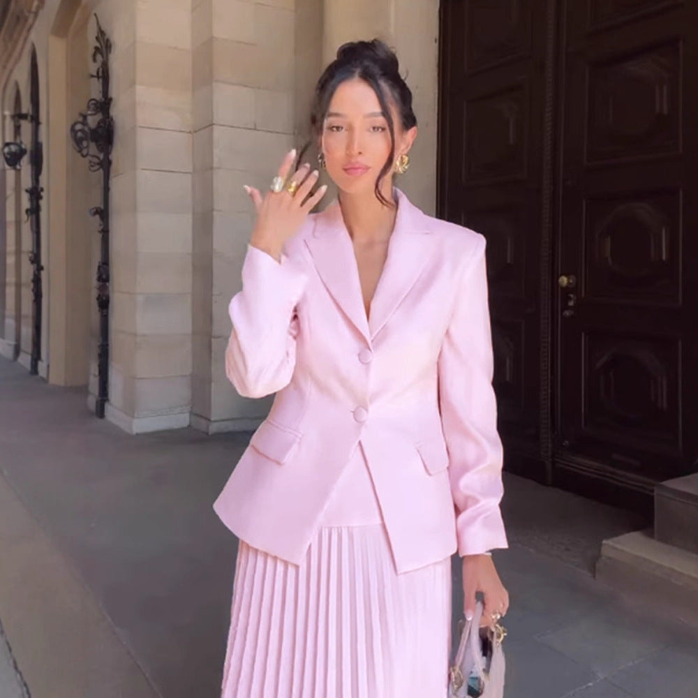 Women's Tailored Blazer and Midi Skirt Set with Pleated Skirt & Tied Belt Mune Fashion