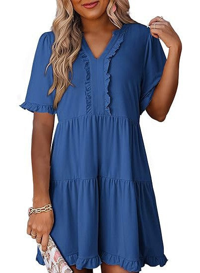 Women's lightweight swing dress with V-neck, tiered skirt and delicate ruffles Mune Fashion