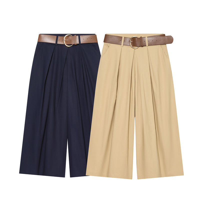 Women's High-Waisted Culotte Pants with Wide Leg, Knife Pleats and Round Buckle Belt Mune Fashion