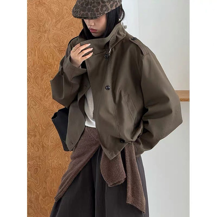 Women's Short Blouson Trench Coat with Stand-up Collar, Double-breasted Button Placket and Elastic Hem Mune Fashion
