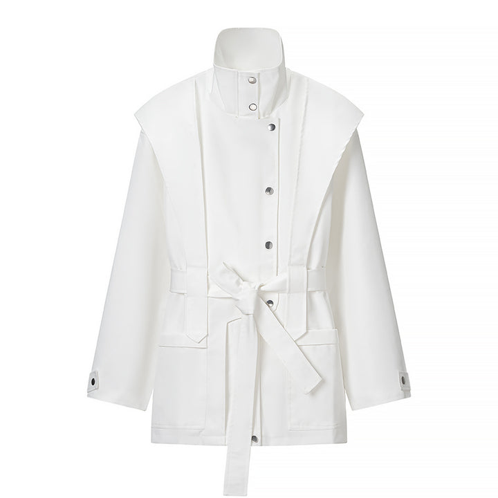 Women's Tailored Transition Jacket with Stand Collar, Shoulder Cape and Belt Mune Fashion