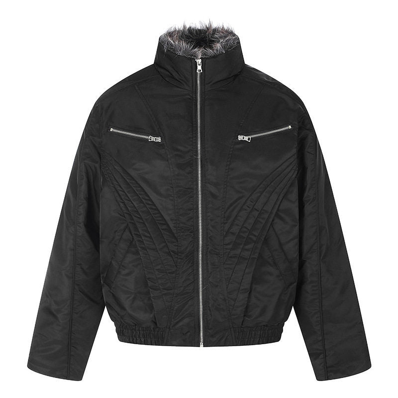 Women's padded bomber jacket with high stand-up collar, faux fur lined collar and zippered pockets Mune Fashion