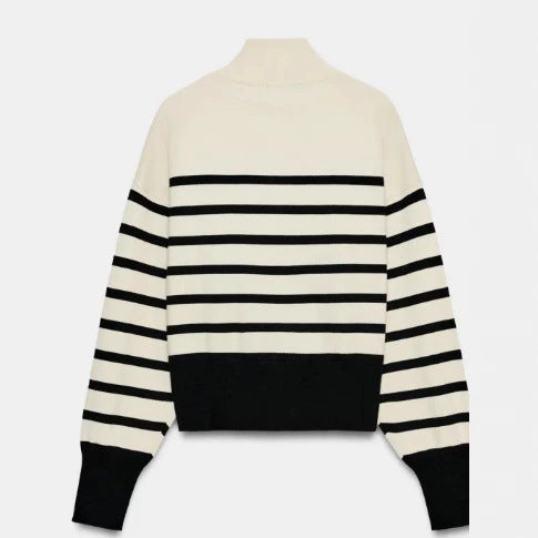 Women Striped Cropped Knit Sweater with Stand-up Collar and Voluminous Balloon Sleeves Mune Fashion