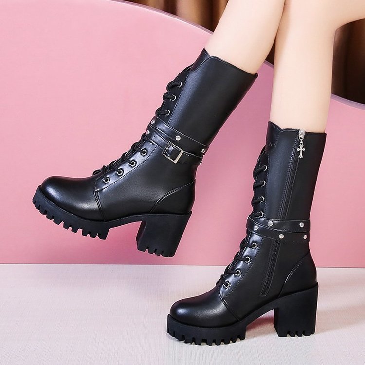 Women nano mid-height lace-up boots with tread sole, block heel and decorative strap Mune Fashion