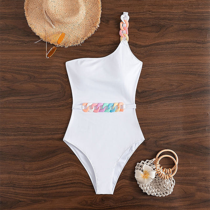 Women One-Sided Swimsuit with Decorative Chain Belt Mune Fashion