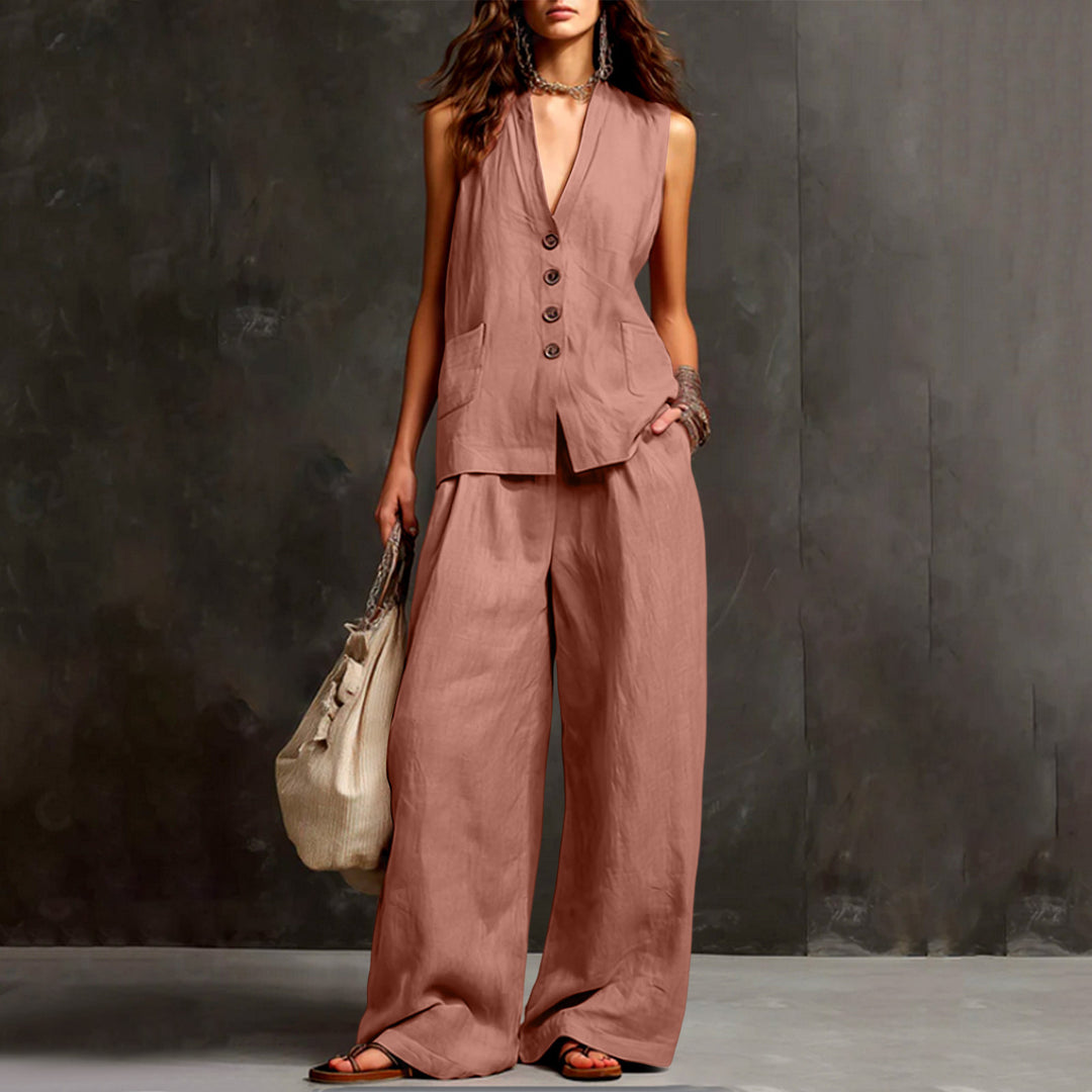 Women's Sleeveless Longline Waistcoat and Palazzo Pants Set in Linen Look Mune Fashion