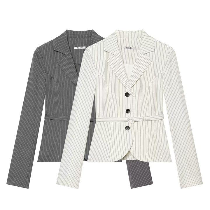 Women's Tailored Pinstripe Blazer with Tie Belt Mune Fashion
