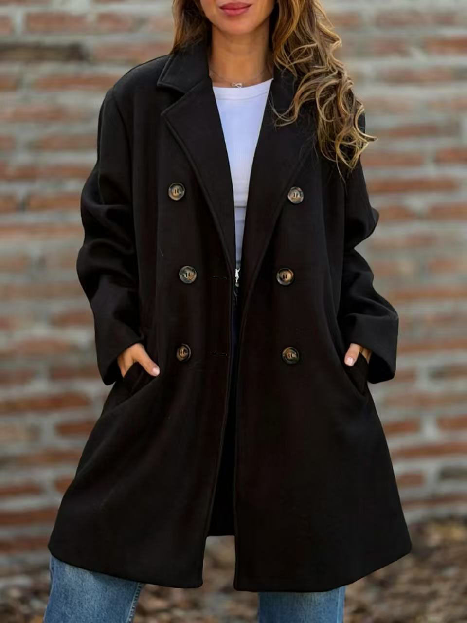 Women double-breasted wool blend short coat with lapel collar Mune Fashion
