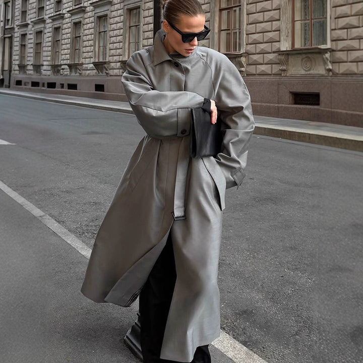 Women's Oversize Trench Coat with High Stand-Up Collar, Tie Belt and Hidden Button Placket Mune Fashion