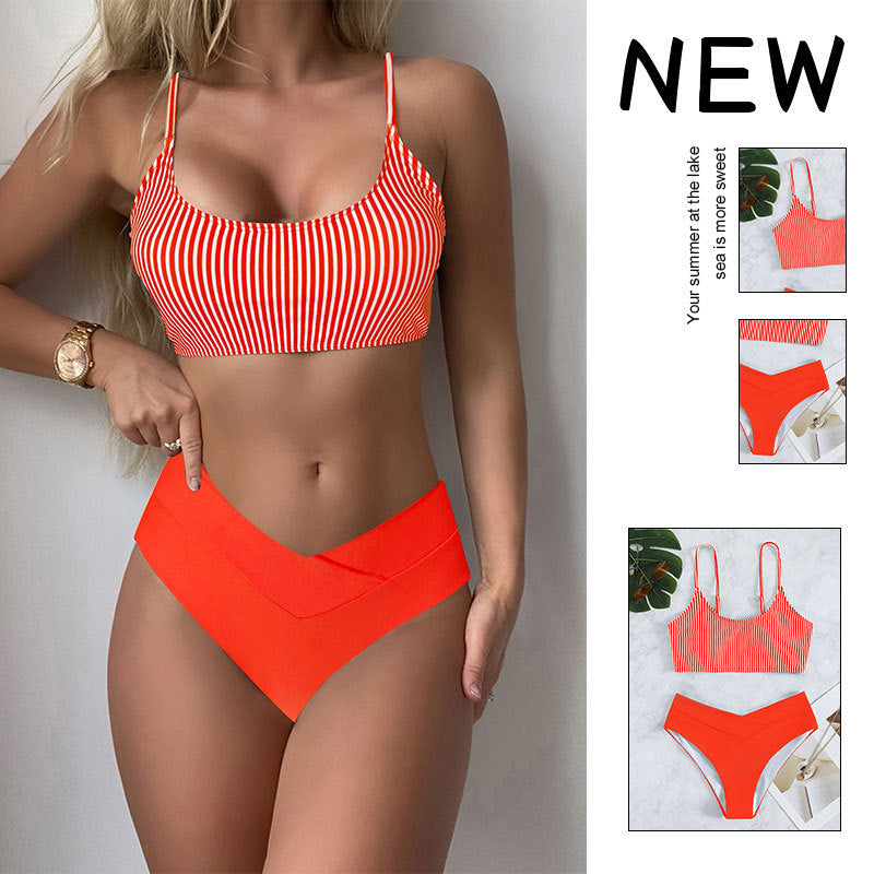 Women's triangle bikini with fashionable striped design and high-cut bottom Mune Fashion