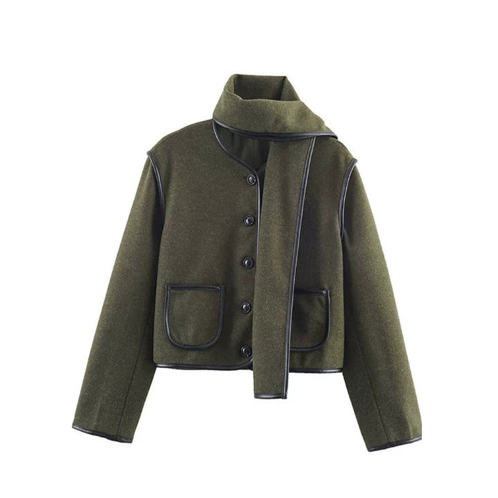 Women’s short jacket in boxy cut made of wool blend with integrated slit scarf and leather piping Mune Fashion
