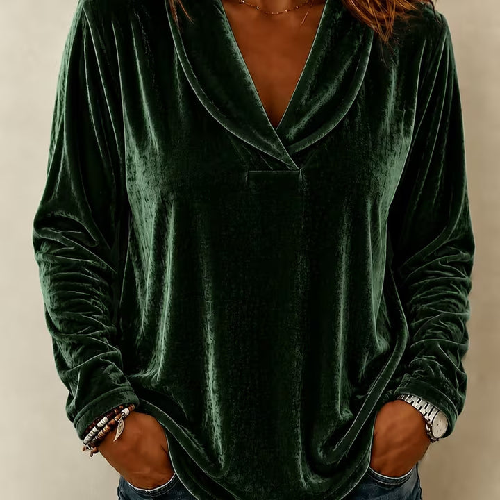 Ladies Velvet Long Sleeve with Shawl Collar and V-Neck Mune Fashion