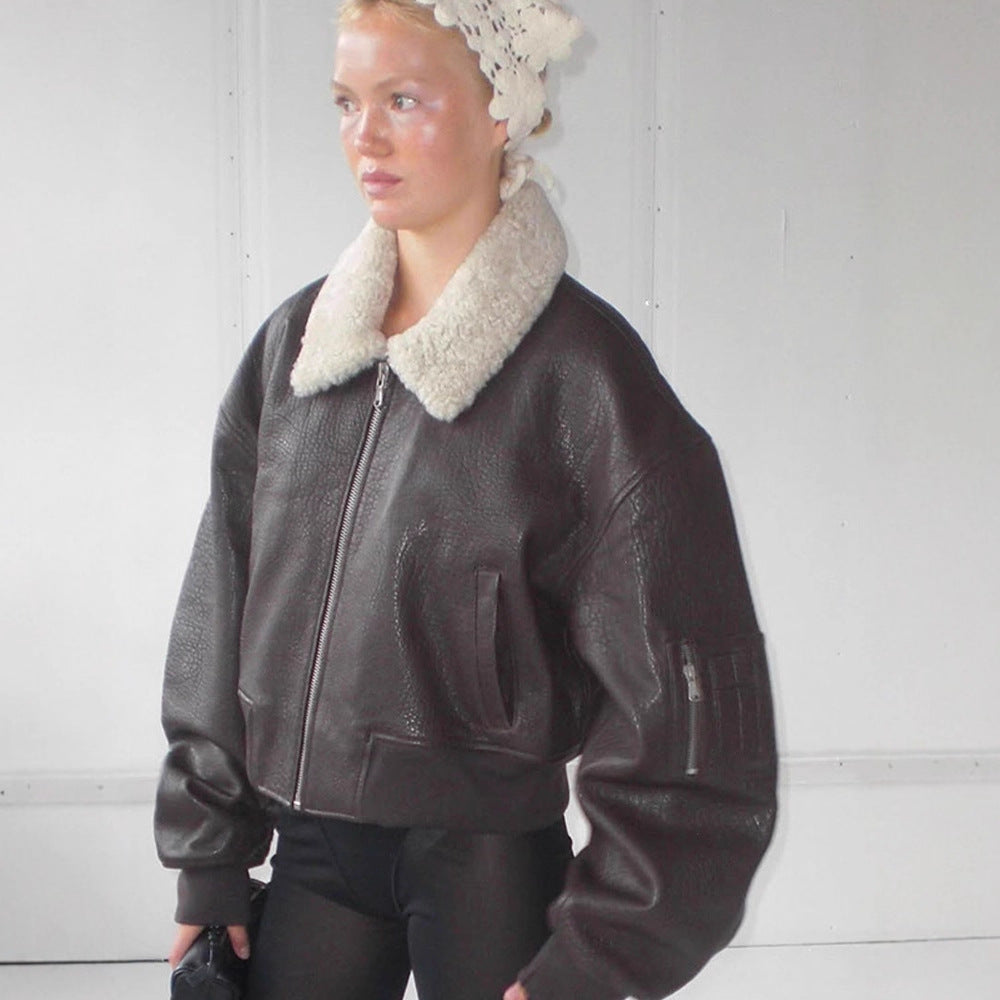 Ladies Oversized Pilot Jacket in Biker Bomber Style with Teddy Collar Mune Fashion