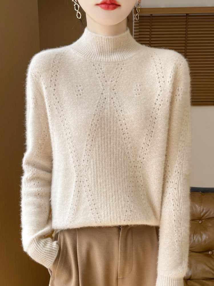Women's Light Mockneck Fine Knit Sweater with Openwork Chevron and Cashmere Soft Finish Mune Fashion