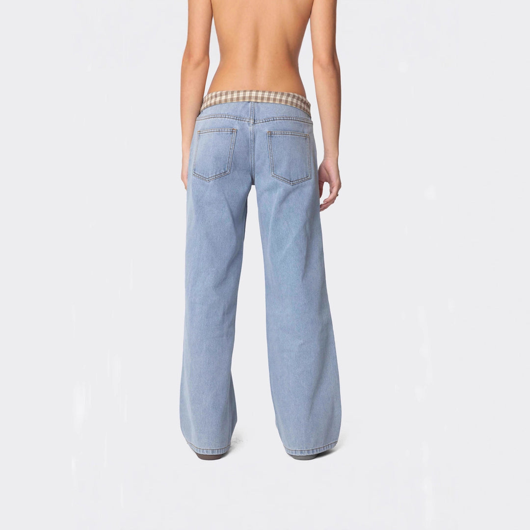 Women's wide flared jeans with turned-up check waistband and classic five-pocket cut Mune Fashion