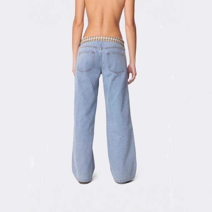 Women's wide flared jeans with turned-up check waistband and classic five-pocket cut Mune Fashion