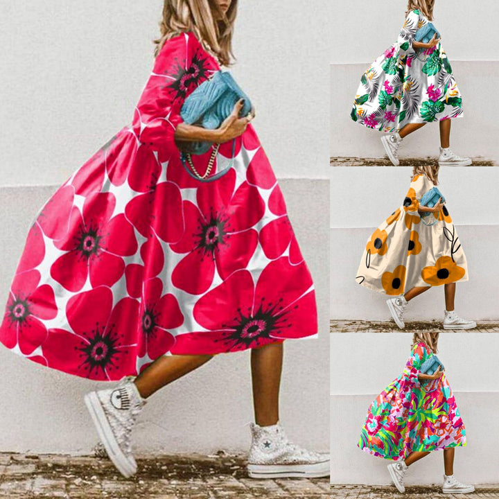 Ladies nan lightweight cotton swing dress with large floral print, 3/4 balloon sleeves and gathered waist Mune Fashion