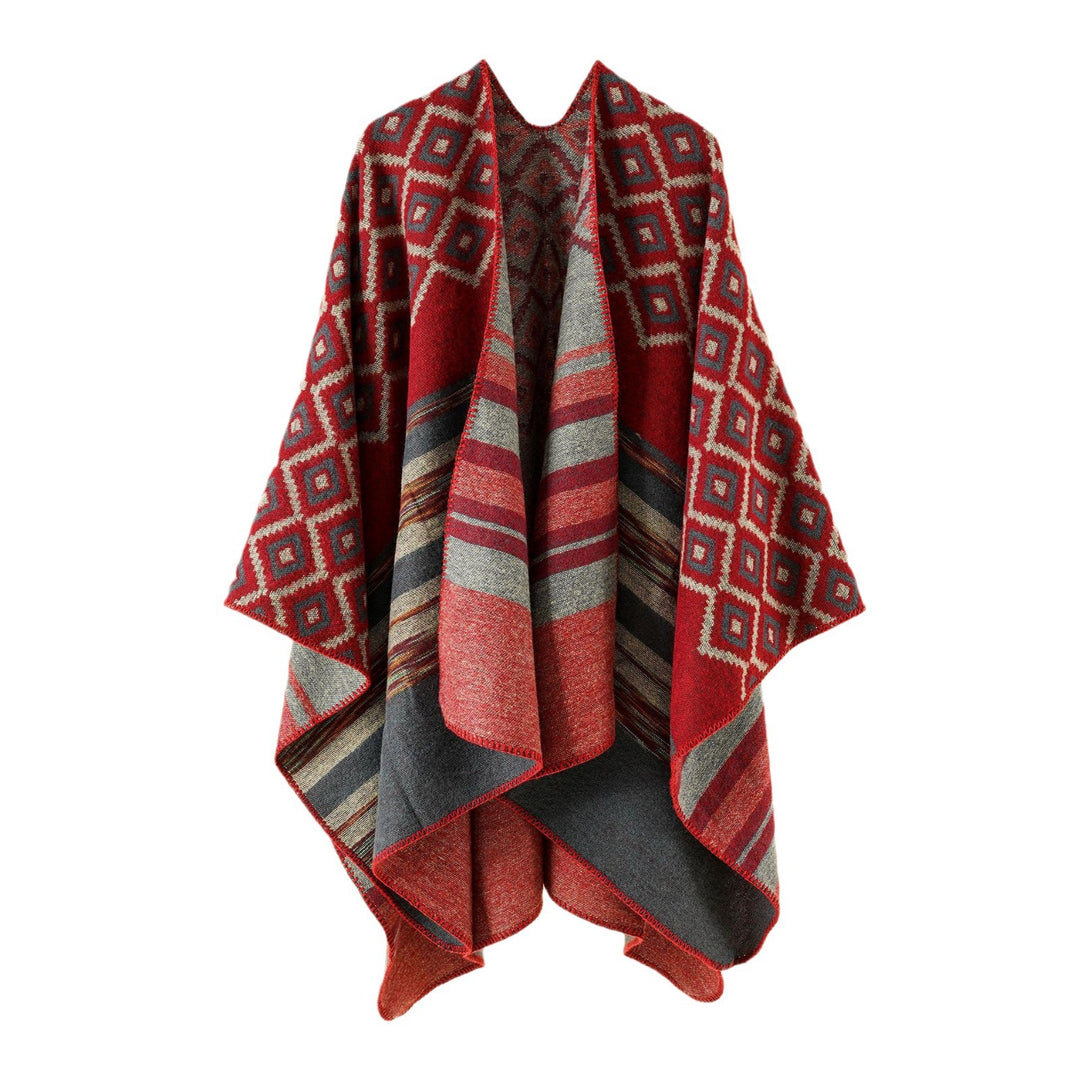 Women's Jacquard Throw with Geometric Square Pattern and Open Front Mune Fashion