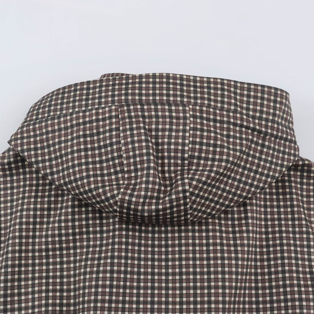 Women's Checked Transitional Parka with Drawstring Waist and High Stand-Up Collar Mune Fashion