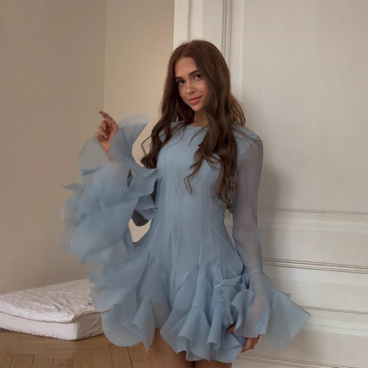 Ladies Ruffled Chiffon Mini Dress with Ruffles and Transparent Sleeves Mune Fashion