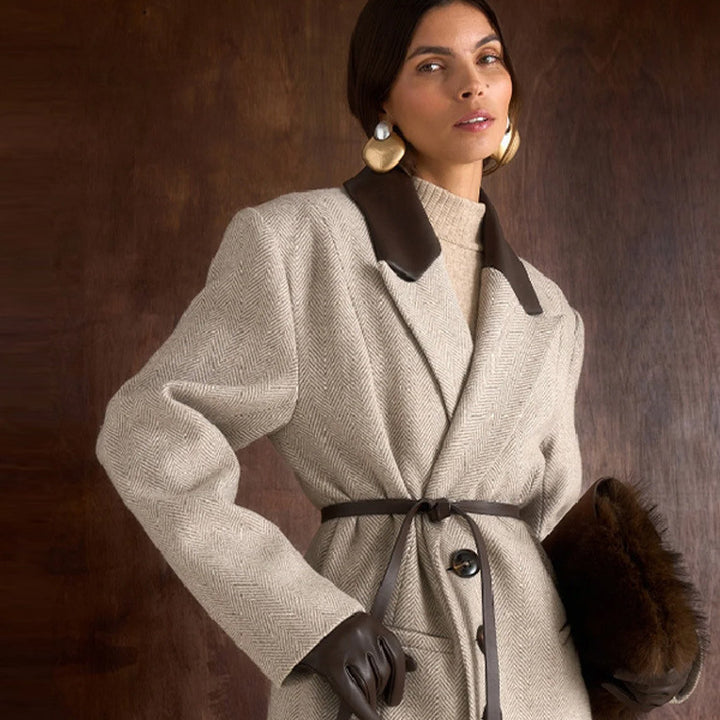 Women Tailored Wool Blend Coat with Herringbone Texture, Contrast Leather Collar and Leather Belt Mune Fashion