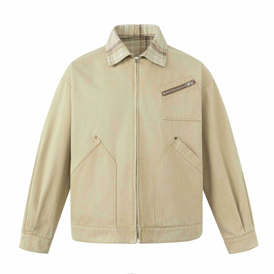 Men's short-cut canvas workwear blouson with check collar and zip chest pocket Mune Fashion