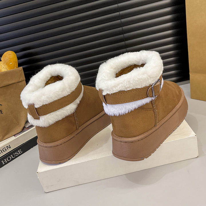 Women Insulated Short Ankle Boots with Teddy Fleece Lining, adjustable buckle strap and treaded rubber sole Mune Fashion
